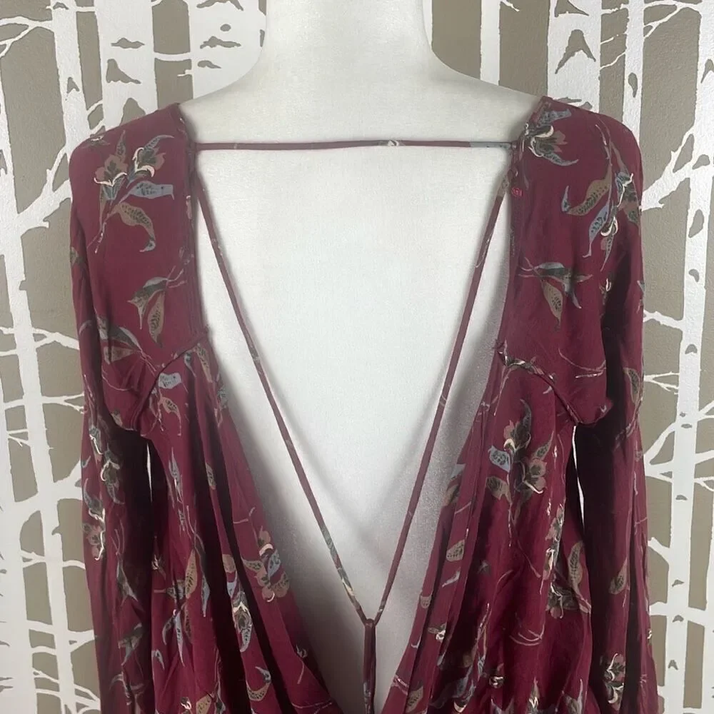 Free People Burgundy Floral Print Open Draped Back Long Sleeve Top S